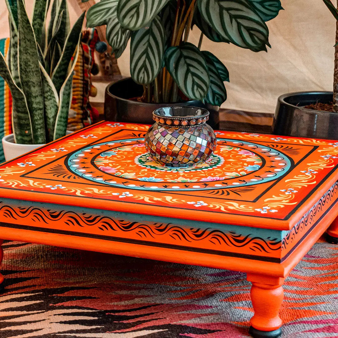 boutique camping Hand Painted Square Bajot Table
