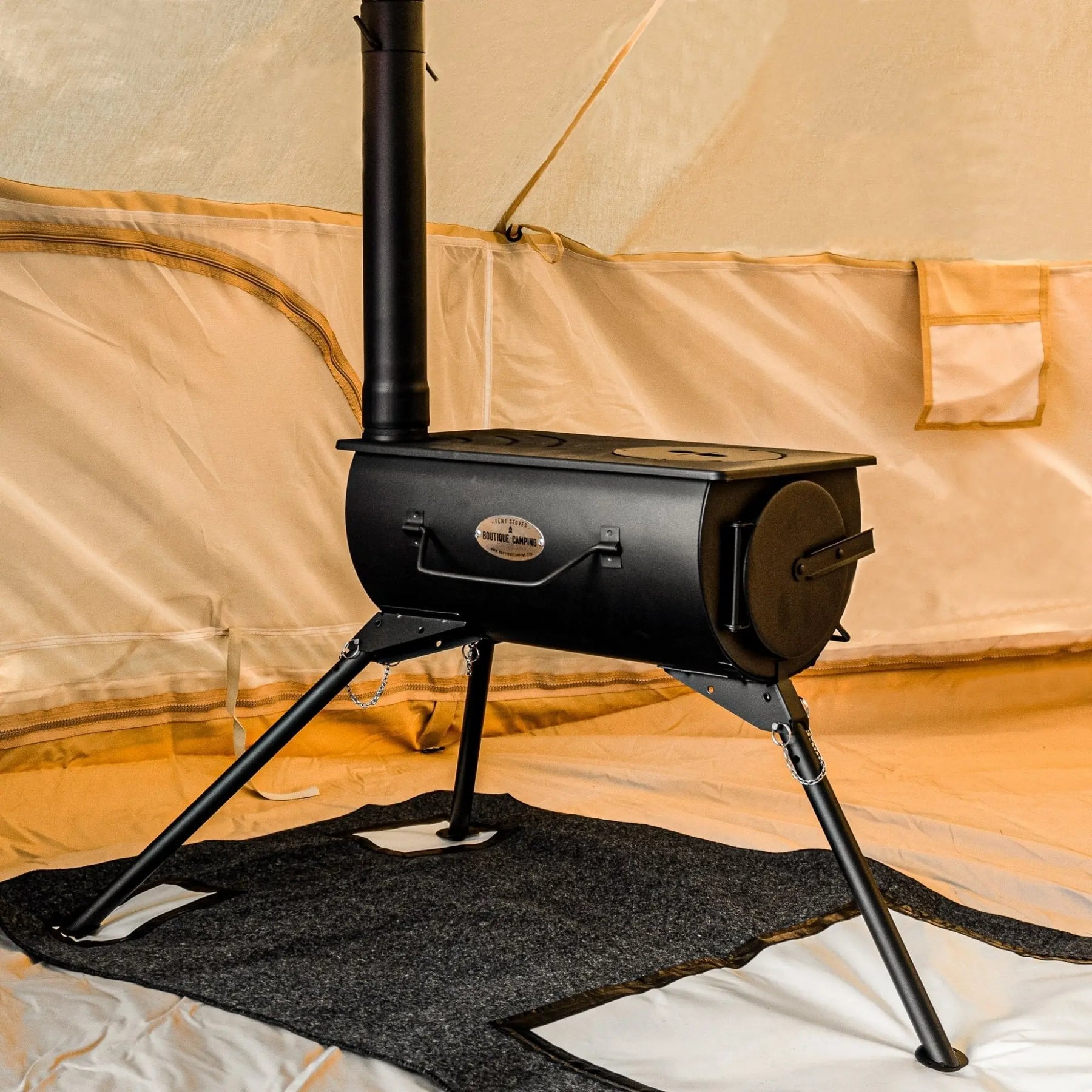 boutique camping glamping tent wood burning stove