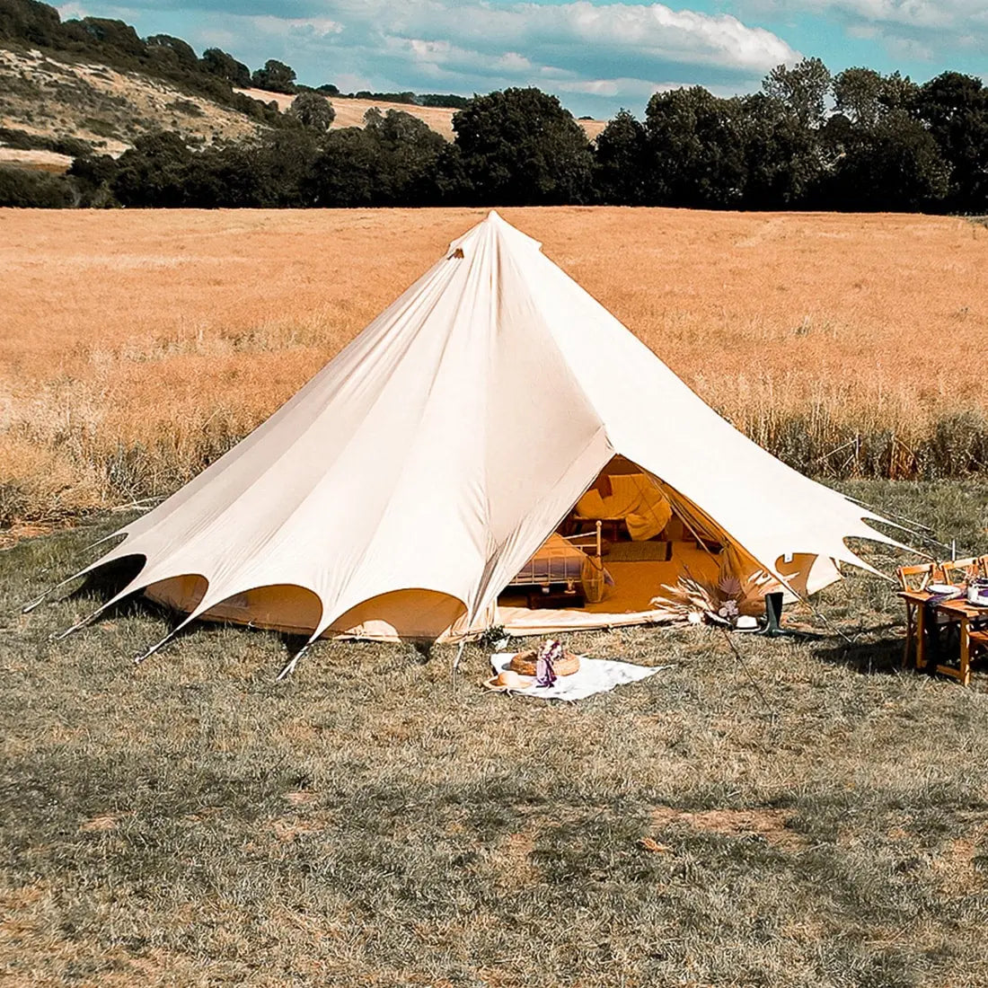 Bell Tent Plus 8m Glamping Setup in Field
