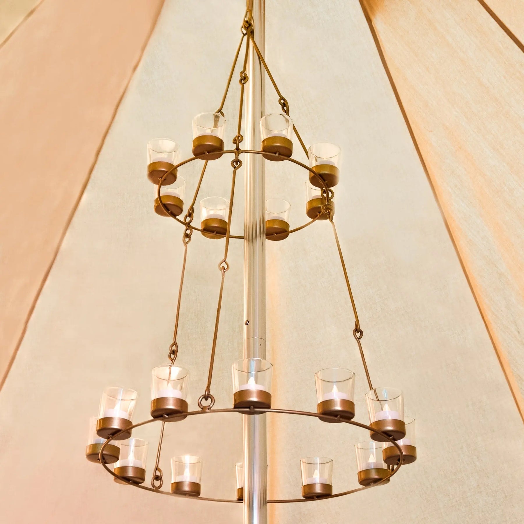 gold and clear tea light glamping bell tent single double tier chandelier